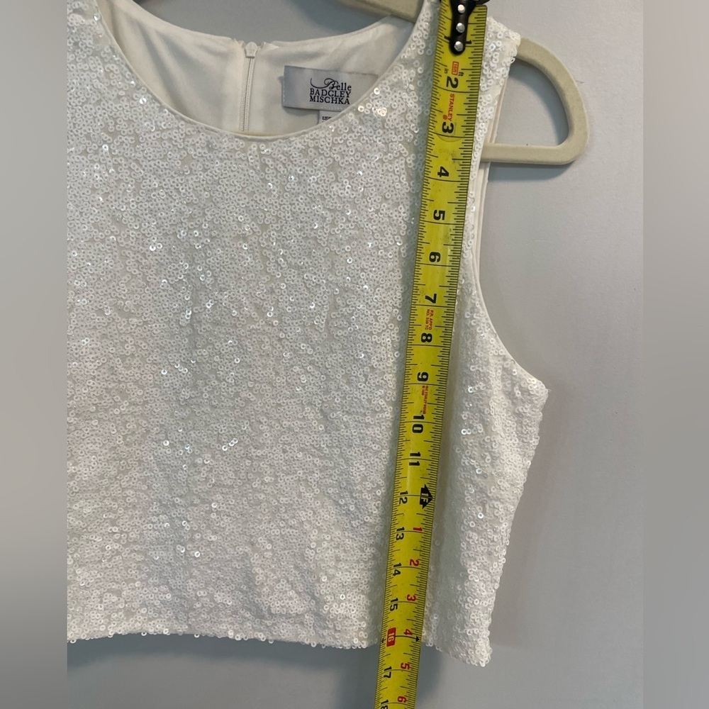 Belle by Badgley Mischka, sz 8, white lines sequined sleeveless bridal crop top - Picture 3 of 8